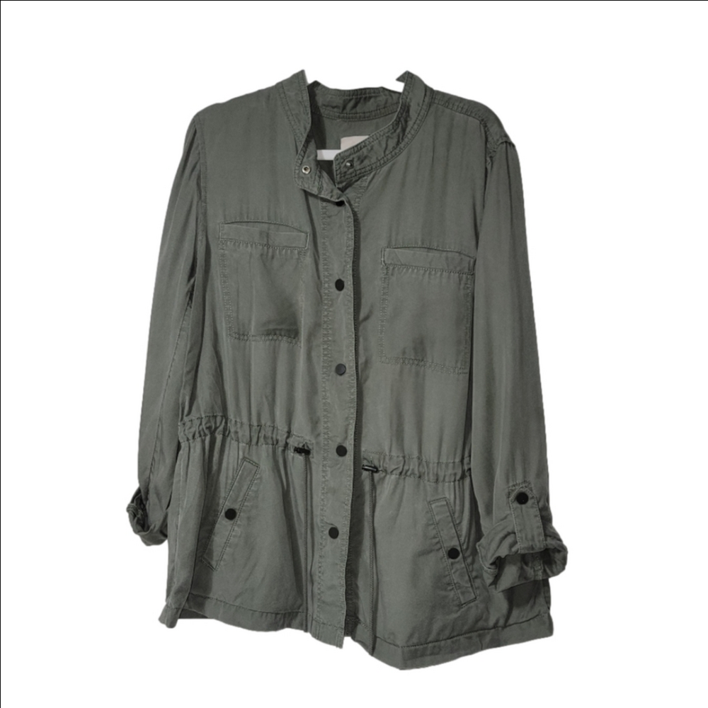LOFT Olive Green Utility Jacket With Drawstring, Roll Sleeves, Pockets, Sz Large
